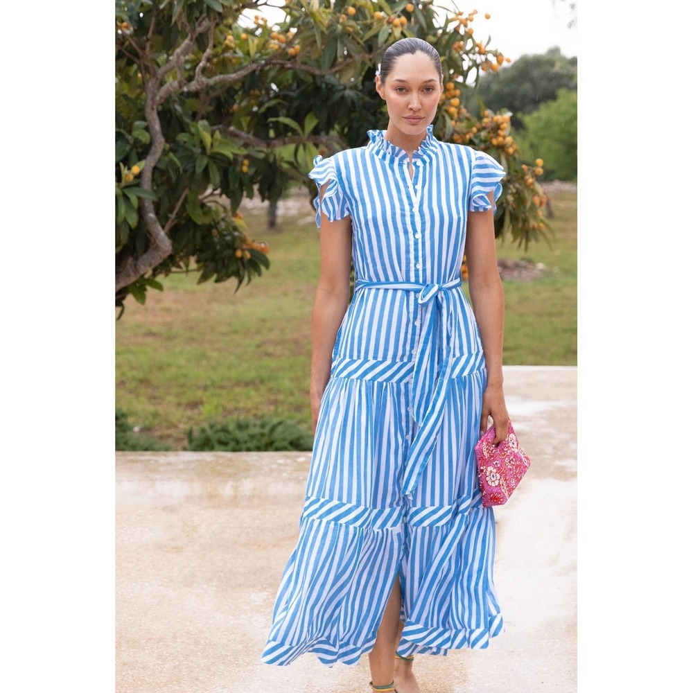 Oliphant Ruffle Collar Button Maxi Dress Playa Blue Stripe Cotton Size S. $384